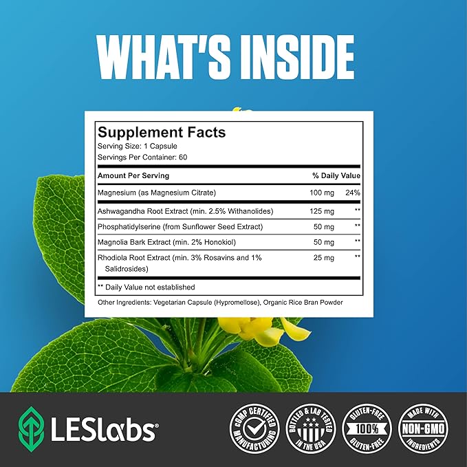 LES Labs Cortisol Health – Stress Relief Balanced Cortisol Response Relaxation &amp Deep Sleep – Phosphatidylserine Magnesium Magnolia Bark Rhodiola Rosea &amp Ashwagandha – Non-GMO – 60 Capsul
