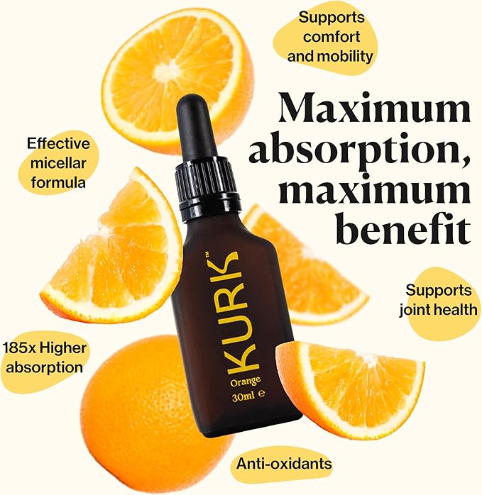 Kurk Essential Liquid Turmeric Curcumin Supplement Turmeric Drops Oil for Advanced Everyday Wellness Focus &amp Energy 185x More Absorbable Than Powders Plant-Based (Orange) (1 Fl Oz)