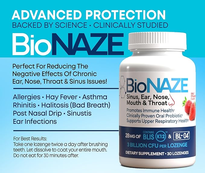 BioNaze Oral Probiotic BLIS K12 &amp BL-04 for Sinus Tonsil Stones Bad Breath Post Nasal Drip Throat Mouth Teeth &amp Gut - Improve Oral &amp Respiratory Health. Clinically Proven Probiotic S