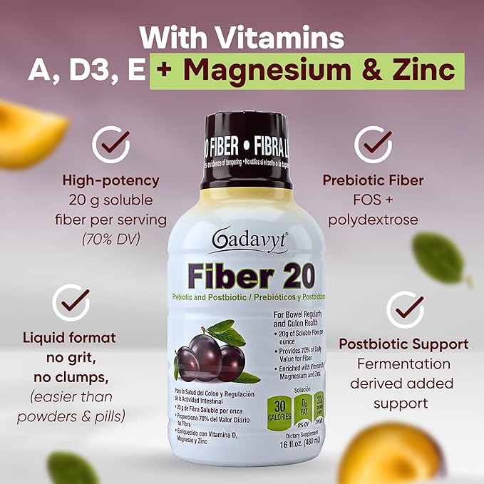 Fiber 20 - High Fiber Supplement for Women &amp Men 20g Liquid Soluble Fiber/Serving Prebiotic &amp Postbiotic Complex + Vitamins A D3 E &amp Magnesium Gut Health Digestive Health 16 fl oz