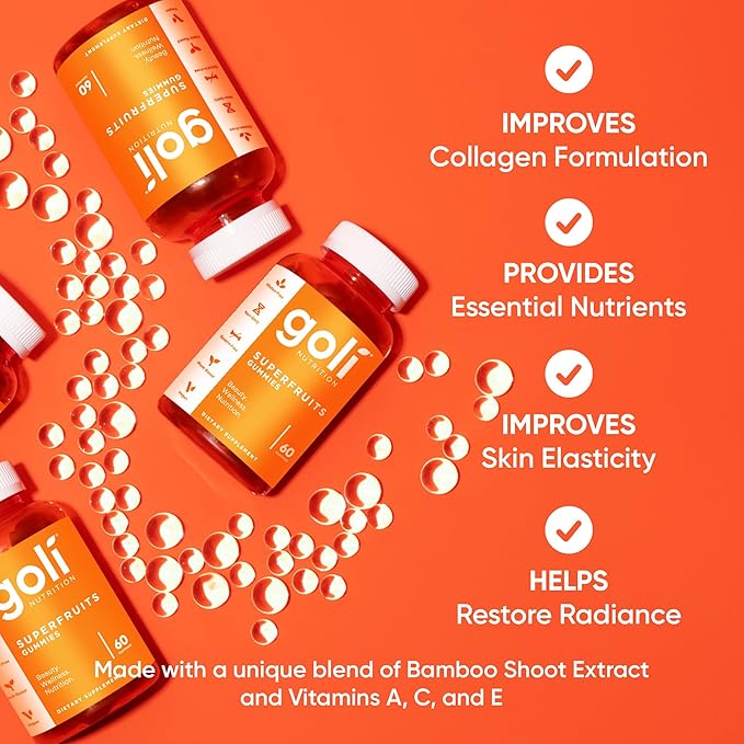 Goli Superfruits Beauty Gummies with Bamboo Silica - Vitamins A C E Zinc - Collagen Support with Superfruit Blend - Vegan Non-GMO Gluten-Free 180 Count (3 Pack)