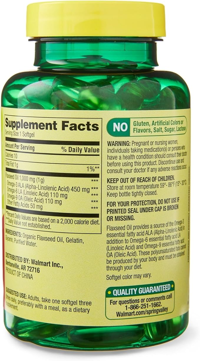 Flaxseed Oil Softgels - Vegan Omega 36 and 9 Dietary Supplement - Flaxseed 1000mg Softgels per Serving - Flax Seed Oil Pills by Spring Valley 100 Count (Pack of 1) - Set by Basket Goods