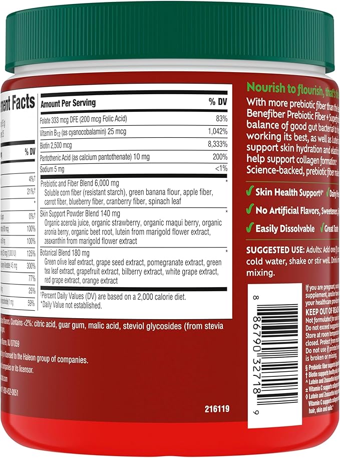 Benefiber Prebiotic GLP-1 Friendly Fiber + Superfruits Dietary Supplement Strawberry Dragon Fruit Flavor 8.8 oz (250g)