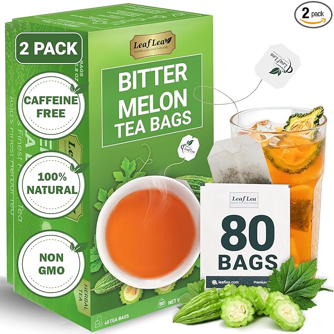 LeafLea 80 Bitter Melon Tea Bags Premium Dried Momordica Charantia (Melon Amargo Gohyah) Herbal Fruit Tea | Supports Wellness and Digestion | Caffeine-Free Sugar-Free Vegan Pack of 2