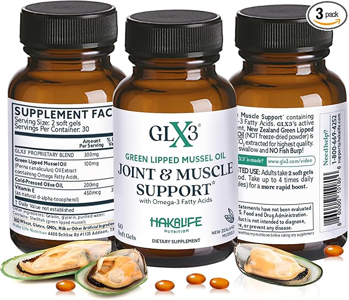 GLX3 Green Lipped Mussel Oil Capsules for Joint and Muscle Support | Extra-Strength ETA EPA DHA Omega-3 Green Lipped Mussel Supplement for Comfort Flexibility &amp Recovery by HakaLife GLX3