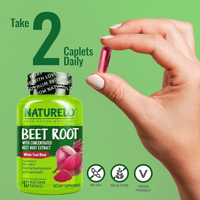 NATURELO Beet Root 90 Capsules – Heart Health &amp Blood Pressure Support* – 1000mg Beet Root Extract + Whole Food Blend – Non-GMO Vegan Gluten-Free