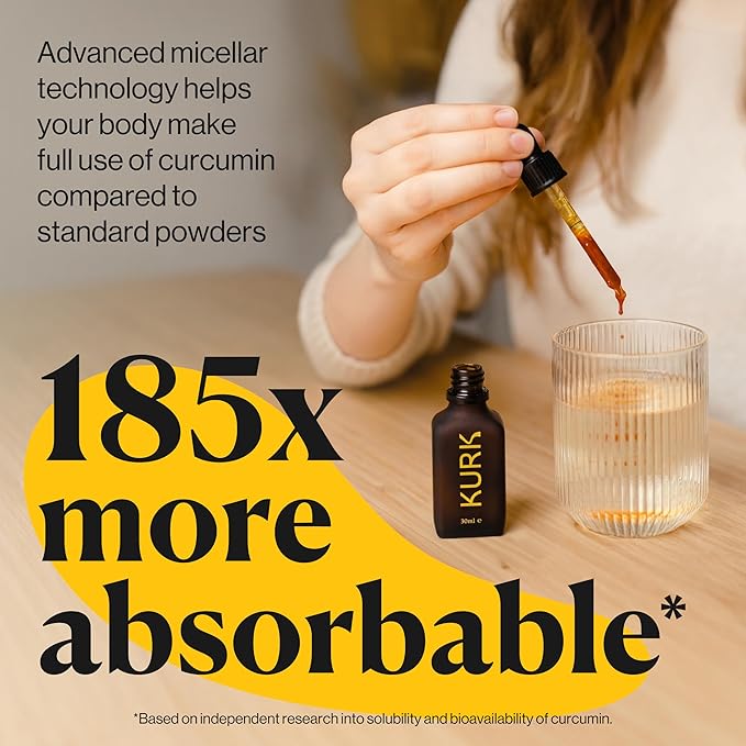 Kurk Essential Liquid Turmeric Curcumin Supplement Turmeric Drops Oil for Advanced Everyday Wellness Focus &amp Energy 185x More Absorbable Than Powders Plant-Based (Lemon) (3.2 Fl Oz)