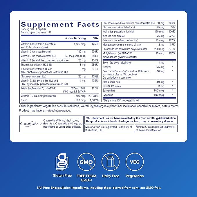 Pure Encapsulations O.N.E. Multivitamin - Once Daily Multivitamin with Antioxidant Complex Metafolin CoQ10 and Lutein to Support Vision Cognitive Function and Cellular Health* - 120 Capsules