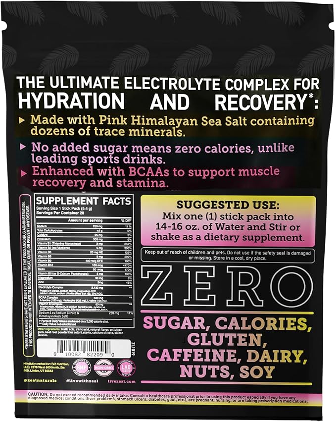 Enhanced Electrolyte Powder Stick Packs (Lemon Berry | 20 Packets) w/ 0 Sugar +BCAAs +B-Vitamins Electrolyte Supplement w Potassium Zinc &amp Magnesium for Hydration - Keto Electrolytes