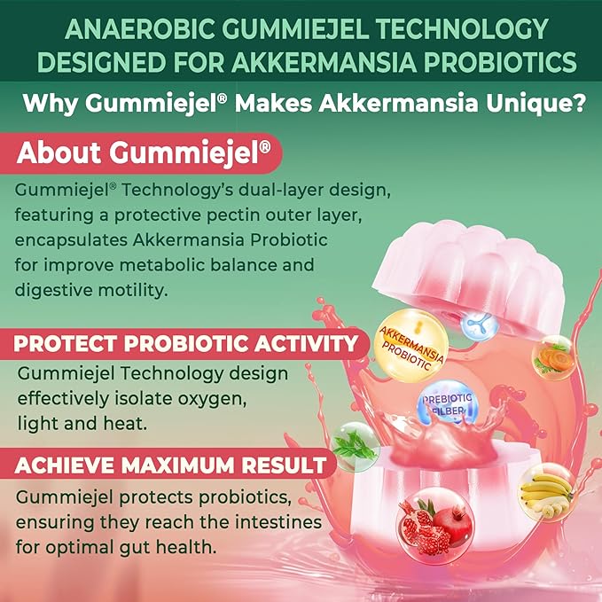 Akkermansia Probiotics Gummies with Prebiotics Fiber 300 Billion AFU Akkermansia Muciniphila with Polyphenol Fruits Resistant Starch Vitamin A D3 B2 for Metabolism Digestive &amp Gut Health 1Pa