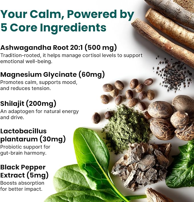 5-in-1 Cortisol Supplement for Women &amp Men - Ashwagandha Supplements with Magnesium Glycinate Shilajit &amp Probiotics - Adrenal Support Supplements for Calmness &amp Focus - Magnesium Ashwagan