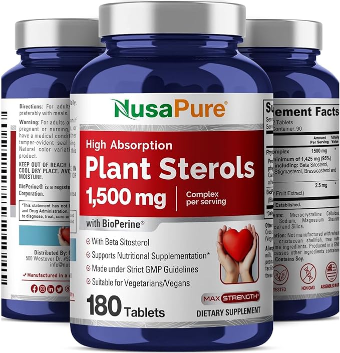 NusaPure Plant Sterols 1500 mg - 180 Tablets (Non-GMO Vegan) Beta Sitosterol Bioperine (Pack of 2)