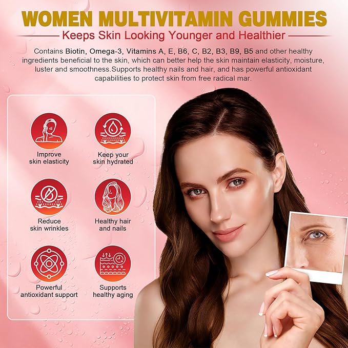 Sugar-Free Women's Multivitamin Gummies - Women Methylated Multivitamin Filled Gummies with Omega-3 Enzymes &amp Antioxidant Blend to Support Overall Health Immunity Hair Nails &amp Skin Health
