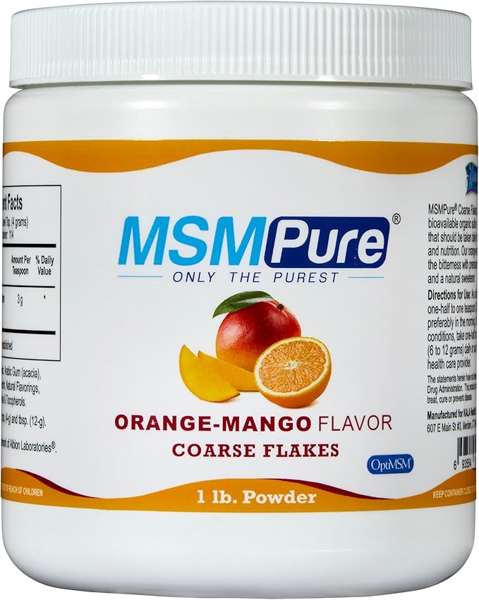 KALA HEALTH MSMPure Orange Mango Flavored Coarse MSM Powder Flakes – US-Made MSM for Joint Health Skin Appearance and Hair &amp Nail Support – 1 lb Organic Sulfur