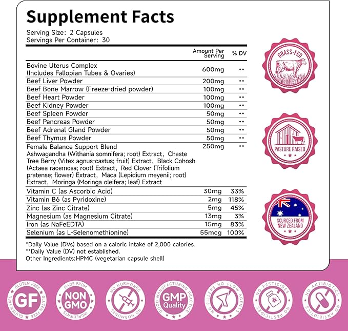 2-Pack Beef Organ Supplement for Women | 9-Organ Formula with Herbal Support Liver Uterus Ovary Heart &amp Kidney for Feminine Balance &amp Energy | New Zealand Grass-Fed | 2-Month Supply