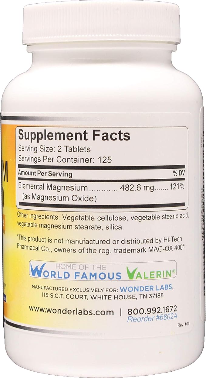 Wonder Labs Magnesium Oxide 400 483mg of Magnesium Oxide Pharmaceutical Grade** Compare to MAG-OX 400 ® - 250 Tablets