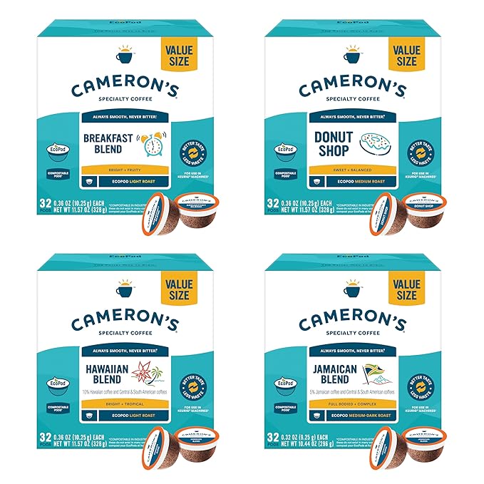 Cameron's Coffee Single Serve Pods Variety Pack of Donut Shop Breakfast Blend 10% Hawaiian Blend Jamaican Blend 128 Count