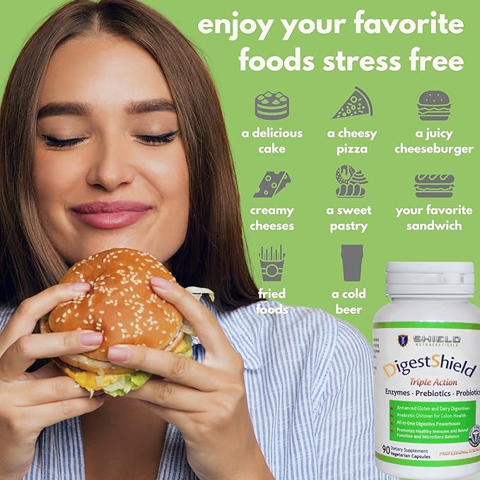 DigestShield® Probiotic &amp Prebiotic Supplement + Digestive Enzymes Beat the Bloat Safely Digest Dairy Gluten and Processed Foods Reduce Fat Absorption with Chitosan 90-Meal Supply