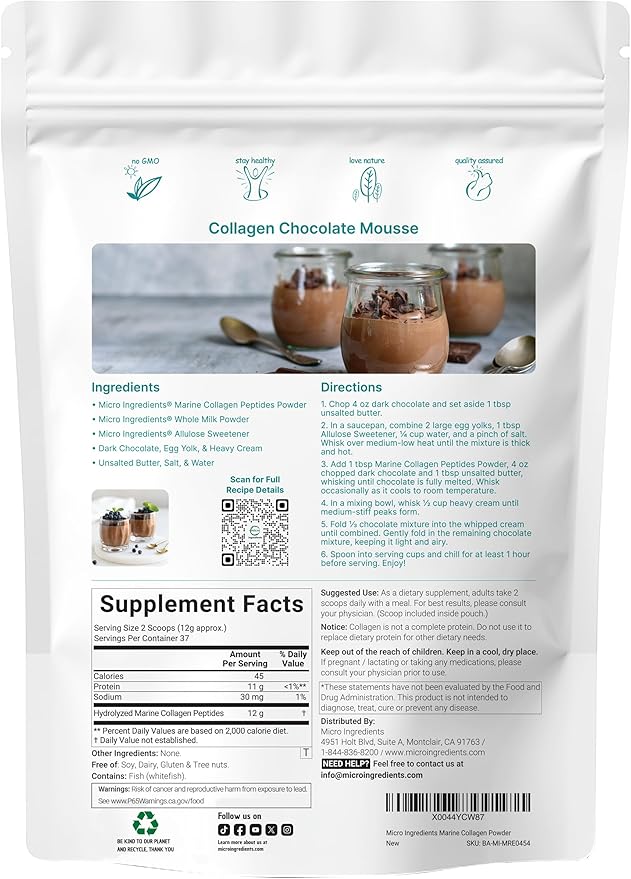 Micro Ingredients Marine Collagen Peptides Powder 1 lb | Type I Marine Collagen + Natural Protein | Wild-Caught Fish Source | Unflavored | Pescatarian Non-GMO