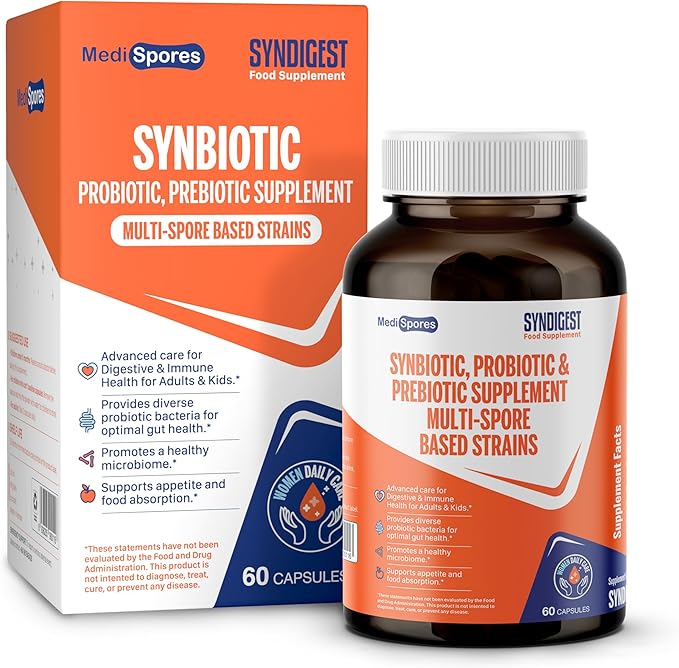 Syndigest probiotic daily care for women &amp men with dual benefit of 5 probiotic &amp prebiotic strains balance gut health &amp relieves constipation travel friendly 60 capsules (2 billions CF