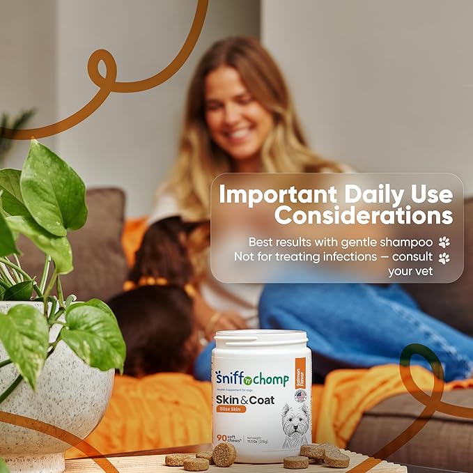 SNIFF N CHOMP Omega 3 for Dogs Chews Skin and Coat Supplement for Dogs Omega 6 Fish Oil Formula Itchy Dry Skin Relief Healthy Coat Shine Support All Breeds | 90 Soft Chews