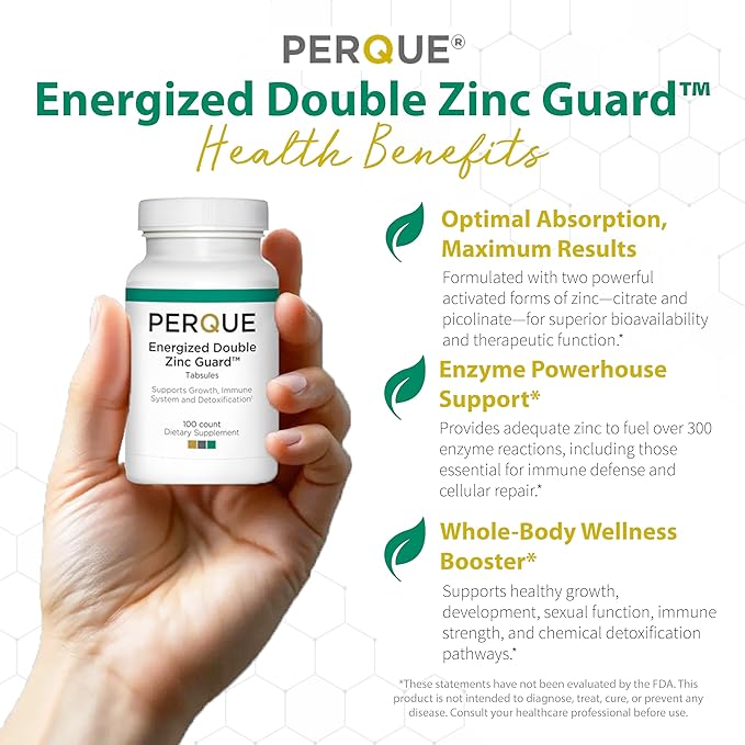 PERQUE Energized Double Zinc Guard 100 Tabs – Dual-Form Zinc Supplement with Picolinate &amp Citrate – Supports Immune Skin &amp Cellular Health – High-Absorption Non-GMO Gluten-Free Formula – 10