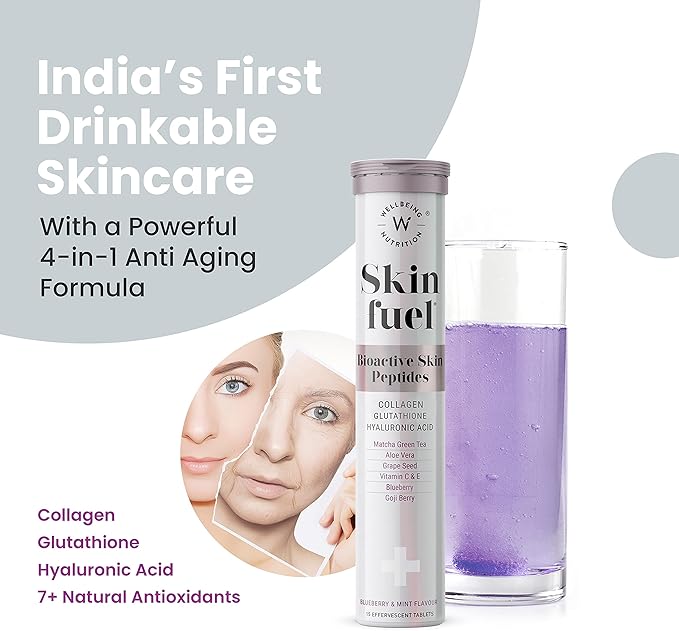 WELLBEING NUTRITION Skin Fuel with Collagen L-Glutathione Hyaluronic Acid Matcha Green Tea Aloe Vera Grape Seed Vitamin C E - 30 Effervescent Tablets