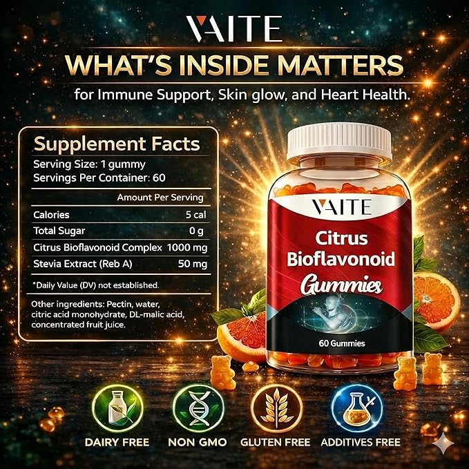 VAITE Citrus Bioflavonoid Complex Supplement 1000mg – Antioxidant Properties Citrus-Derived Bioflavonoids Sugar-Free Chewable Formula Non-GMO Gluten-Free Soy-Free Daily Use 60 Gummies