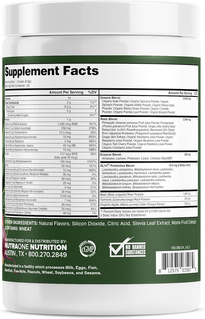 Complete Superfoods Greens &amp Reds Blend* Apple Cider Vinegar Digestive Enzyme Blend* Probiotic Blend* Multivitamin* (Raspberry Pomegranate - 30 Servings)