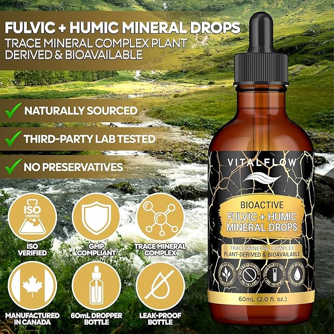 Fulvic + Humic Trace Mineral Drops 3:1 Humic-Fulvic Blend | Water-Extracted from Canadian Humalite | 60 mL Amber Dropper | Third-Party Tested No Preservatives/Fillers | GMP &amp ISO Verified