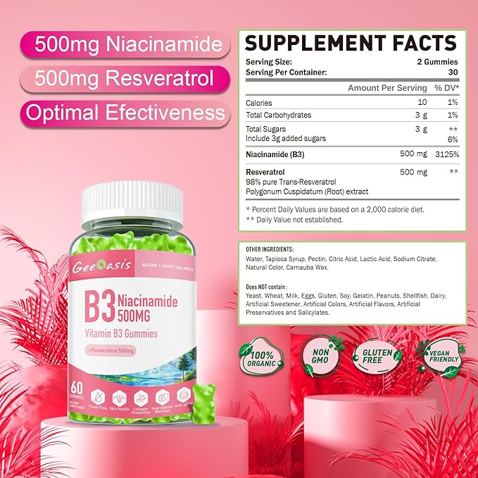 Niacinamide 500mg Gummies Chewable Vitamin B3 Supplement with Resveratrol 500mg High Potency Niacin for Antioxidant Skin &amp Brain Health Immune Support Vegan Apple Flavor 60 Count