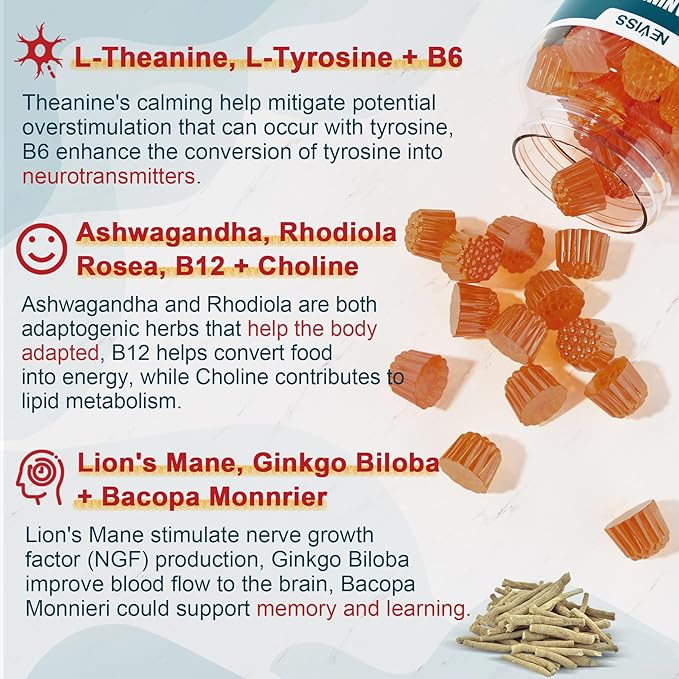 Sugar Free L-Tyrosine Gummies 300mg L-Theanine 200mg Vitamin B6 100mg &amp B12 500mcg Brain Health Herbs 300mg w/Ginkgo Biloba Rhodiola Rosea Lion's Mane Mushroom for Sustained Focus &amp Energy
