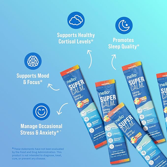 Nello Supercalm Powdered Drink Mix Cortisol Reducer* and Sleep Aid Supplement L Theanine Ksm-66 Ashwagandha Magnesium Glycinate Vitamin D 3 No Sugar Non GMO On The Go 20 Ct Cherry Limeade