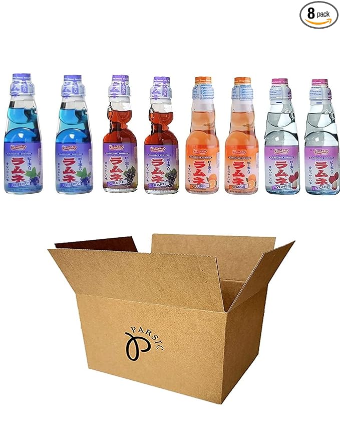RAMUNE Japanese Soft Drink Variety 8-Pack 6.76 Fluid Ounce Each (Blueberry-Grape-Orange-Lychee (2 Each))