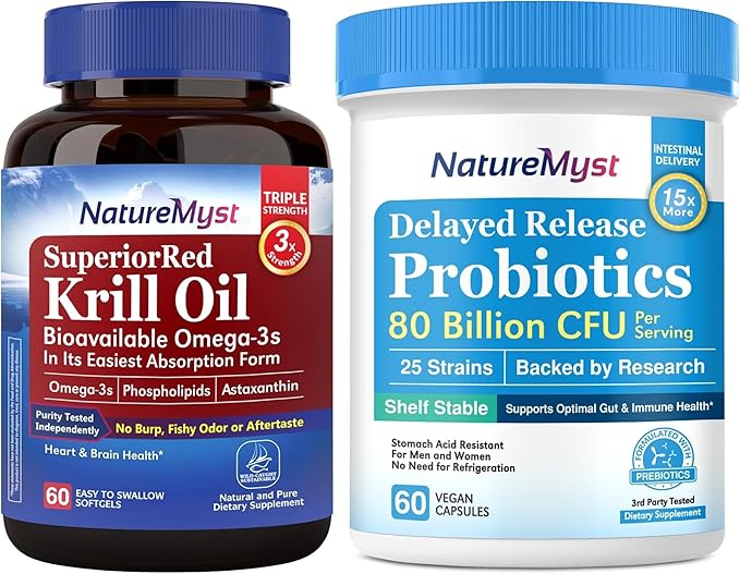 Krill Oil 1000mg and Probiotics Bundle Omega 3s with DHA EPA &amp Astaxanthin Plus 80 Billion CFU 25 Strains Gut Heart &amp Immune Function Non-GMO Made in USA 60 Softgels + 60 Capsules