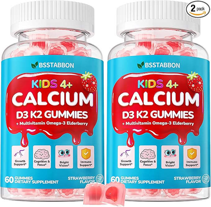 Kids Calcium Gummies with Vitamin D3: Sugar Free Chewable Kids Calcium Citrate plus Vitamin D3 K2 Magnesium Zinc Multivitamin Omega 3 - Growth Digestive Development Support Non-GMO(120Count)
