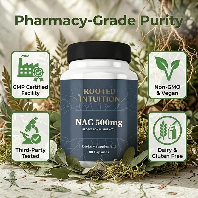 Rooted NAC Supplement 500mg | N-Acetyl L-Cysteine Capsules for Lung Health and Immune Support | Antioxidant Defense Glutathione Support Liver Detox Cellular Protection | 60 Count
