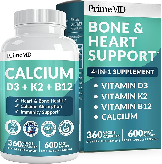 4-in-1 Calcium Supplements for Women &amp Men - Calcium Citrate with D3 K2 Vitamin 5000 IU - Calcium 600mg with Vitamin D3 K2 - Everyday Vitality Supplement - Vegan-Friendly Gluten-Free (360 Capsule