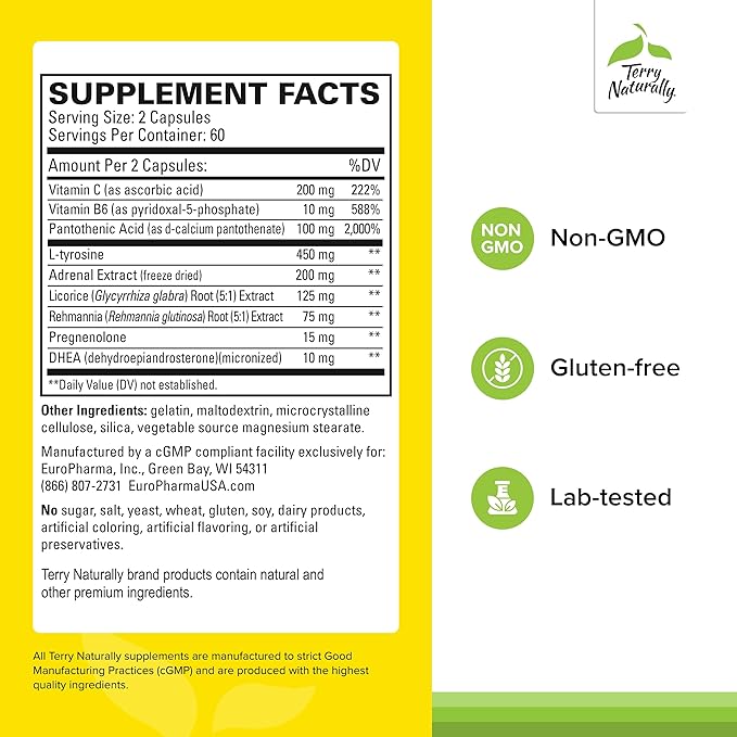 Terry Naturally Adrenaplex - Adrenal Gland Function Supplement - Glandular Support with Vitamins C &amp B6 - Supports Healthy Adrenal Function - Keep Out of Reach of Children - 120 Capsules (Pack of