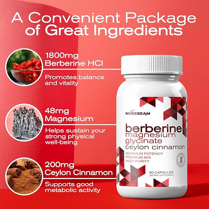 MuseBeam Berberine HCL Magnesium Glycinate Supplement - 1800mg High Purity Capsules with Ceylon Cinnamon - Vegan Friendly Non-GMO Gluten-Free Sugar Free Pill for Men Women
