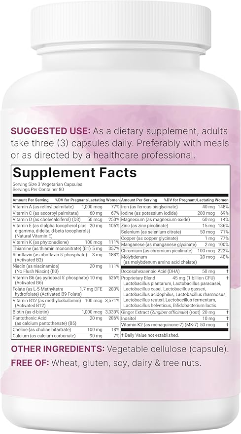 Micro Ingredients Prenatal Vitamins for Women | 38-in-1 with Folate DHA Choline Iron Probiotics Inositol &amp Vitamin C D B Complex | No Fillers | 240 Veggie Capsules