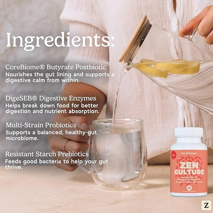 Zen Principle Zenculture™ – 4-in-1 Synbiotic Supplement (Probiotic + Prebiotic + Postbiotic + Digestive Enzymes) with CoreBiome®. Anti Bloating Immune &amp Brain-Gut Health. 120 Capsules