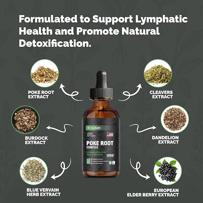 Poke Root Complex Drops 6-in-1 Tincture | 3rd Party Tested Immune &amp Lymphatic System Support Liquid | Cleavers Dandelion Elderberry Burdock &amp Blue Vervain | 2 oz (60 Servings)