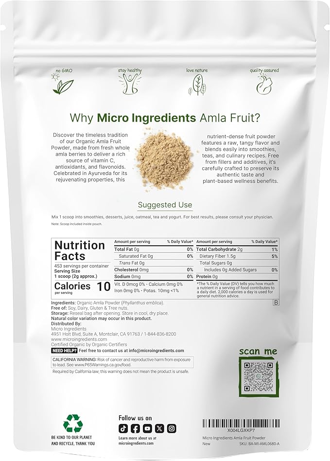 Micro Ingredients Organic Amla Powder (Amalaki) | 32oz India Origin Gooseberry Powder | Rich in Vitamin C Antioxidants Supports Immune Digestive &amp Skin Health Non-GMO Vegan &amp Keto Friend