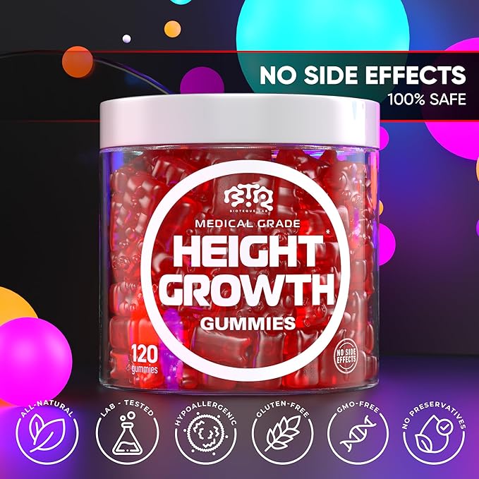 BIOTEQUELAB Height Growth Increase Gummies Vitamins Grow Tall Supplement Calcium Magnesium Zinc Ashwagandha Glucosamine Multivitamin for Teens Kids 180 Gummies