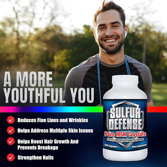 Sulfur Defense Opti-MSM 99.9% Pure MSM Powder Capsules Made in USA Organic Methylsulfonylmethane non-GMO Gluten-Free Immune System Booster Soothes Joint Pain Younger Skin Hair Nails 180 caps