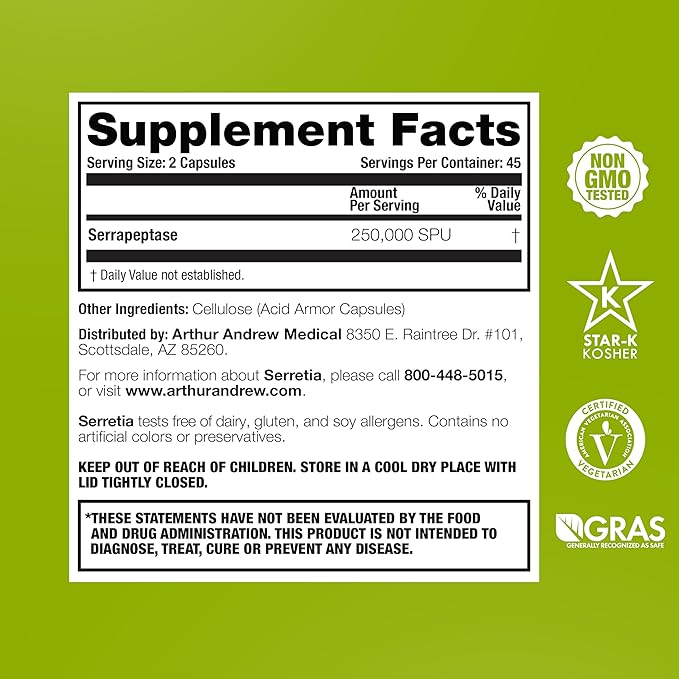 Arthur Andrew Medical Serretia Serrapeptase Formula for Muscle and Sinus Support 90 Capsules