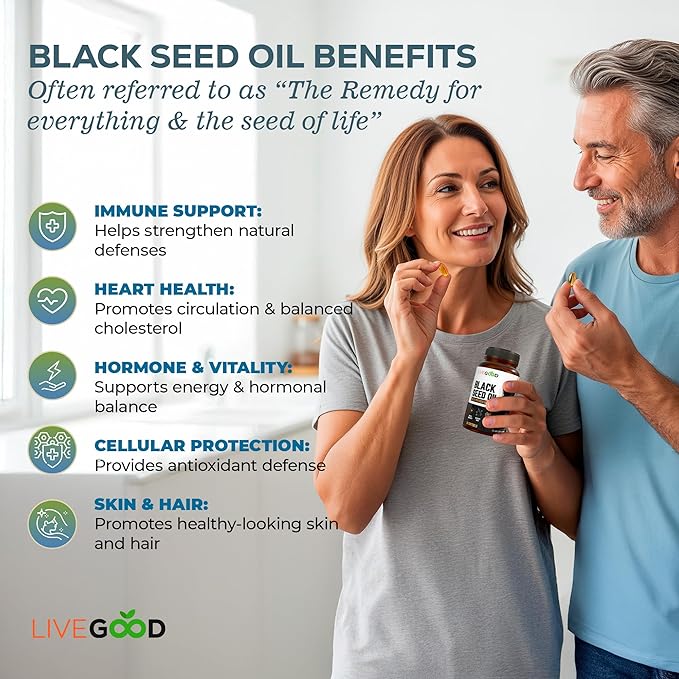 LIVEGOOD Black Seed Capsules Cold Pressed Black Cumin Seed Supplement for Immune and Hormone Support Blackseed Extract from Nigella Sativa (60 Count)
