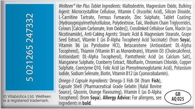 Vitabiotics Wellteen Her Plus Omega-3 - Advanced Nutritional Support for Teenagers and Young Women Ages 13-19 - 56 Tablets and Capsules