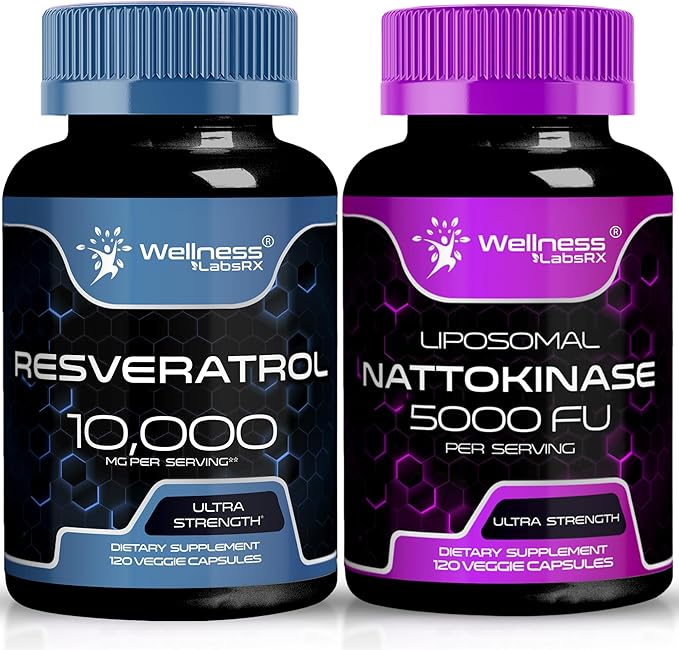 WELLNESS LABSRX Resveratrol Capsules 10000mg - Nattokinase Supplement Capsules - 5000 FU | Bundle